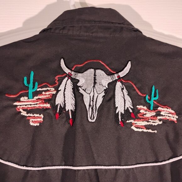 Ely Diamond pearl snap shirt mens L Large black skull embroidered feather - Picture 5 of 9